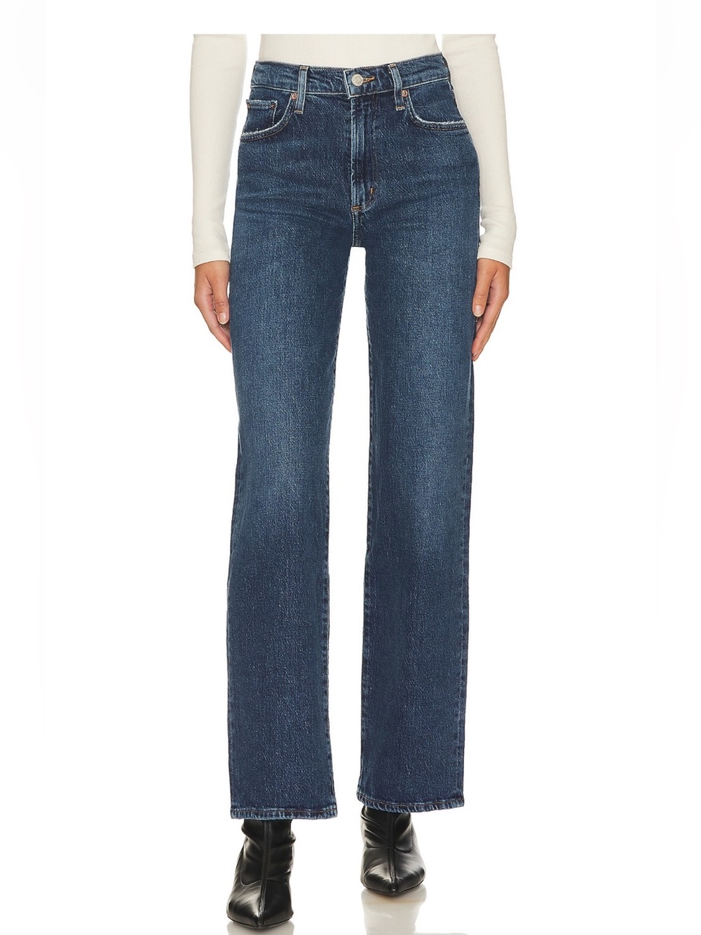 AGOLDE Harper high rise straight leg jeans in blue denim. Size: 25